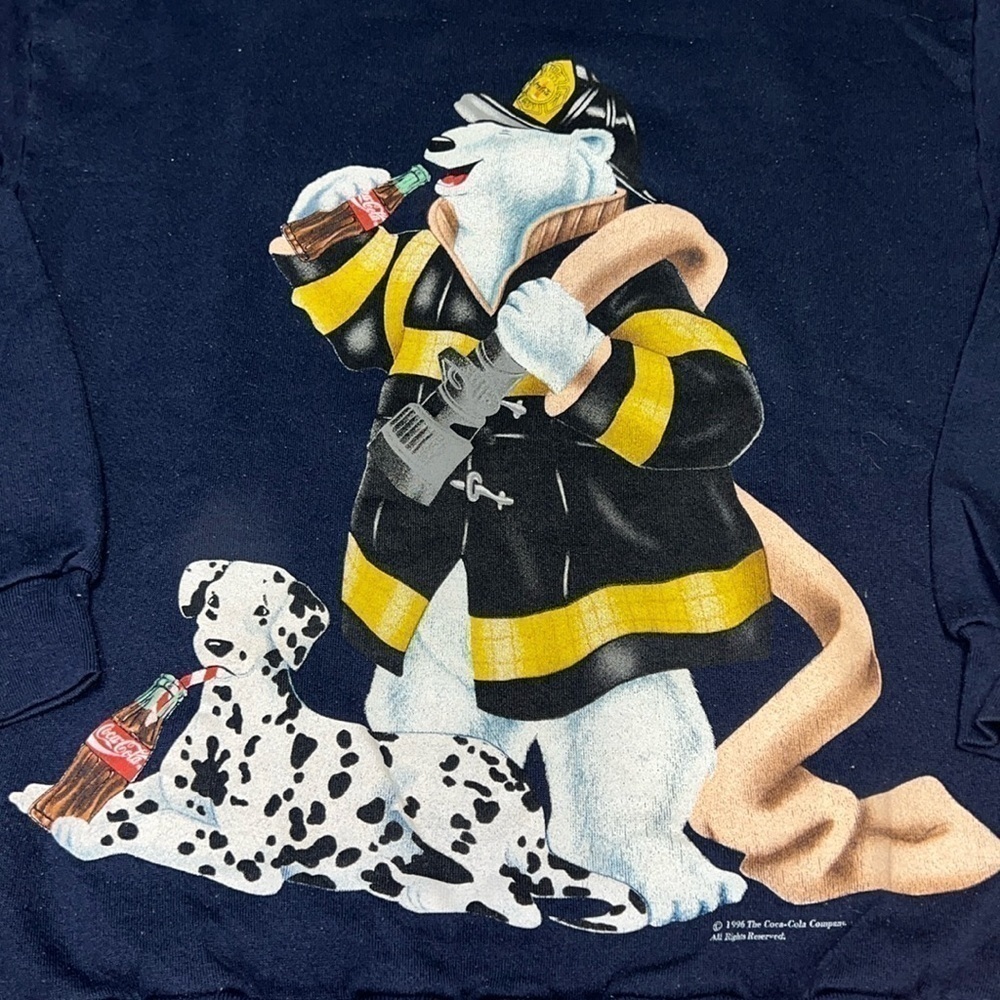 VTG 90s Coca Cola Mens Blue Dalmation Polar Bear Holiday Christmas Crewneck - Picture 2 of 6